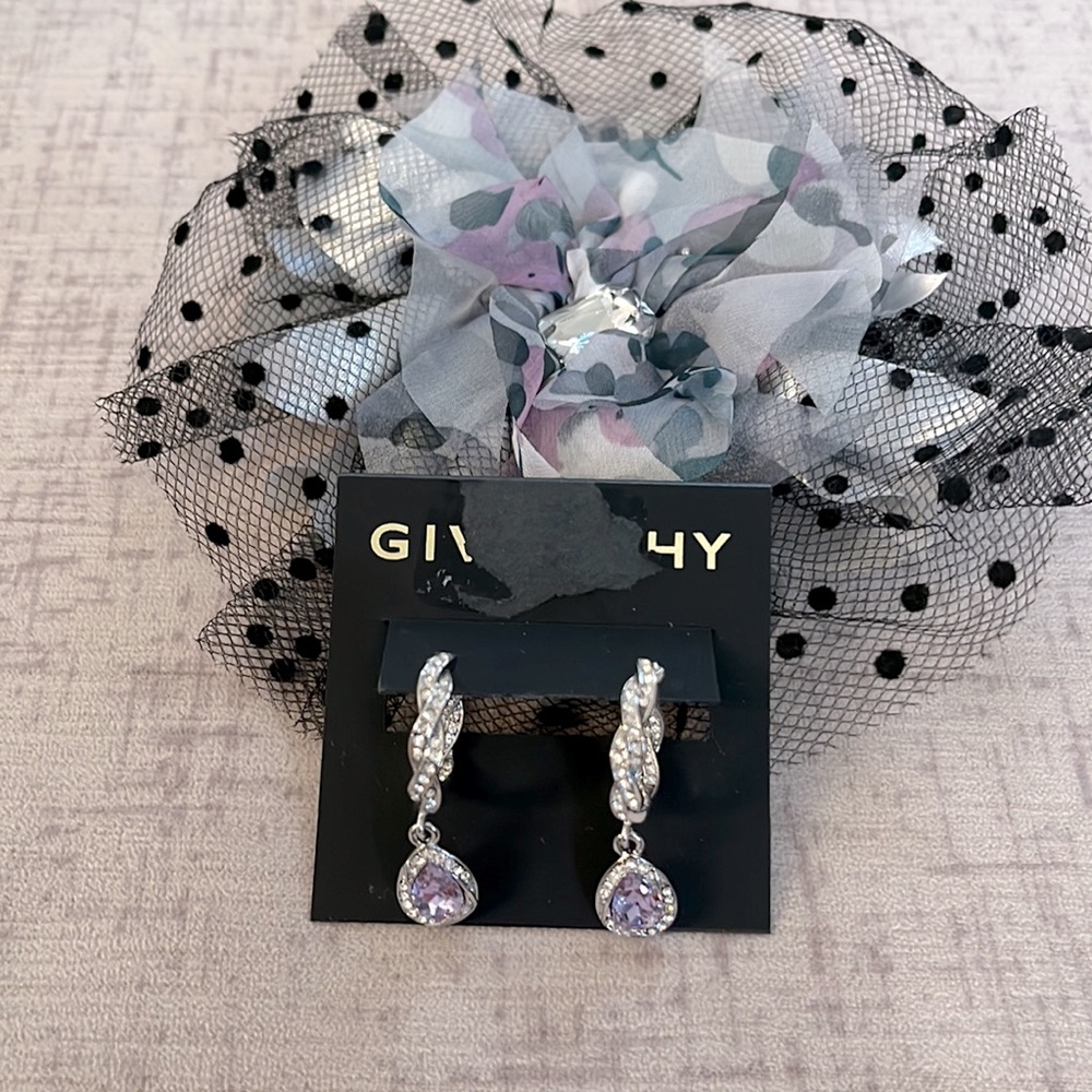 Givenchy Silver Intertwined Sparking Earrings with Tear Drop Purple Stone - Picture 2 of 4